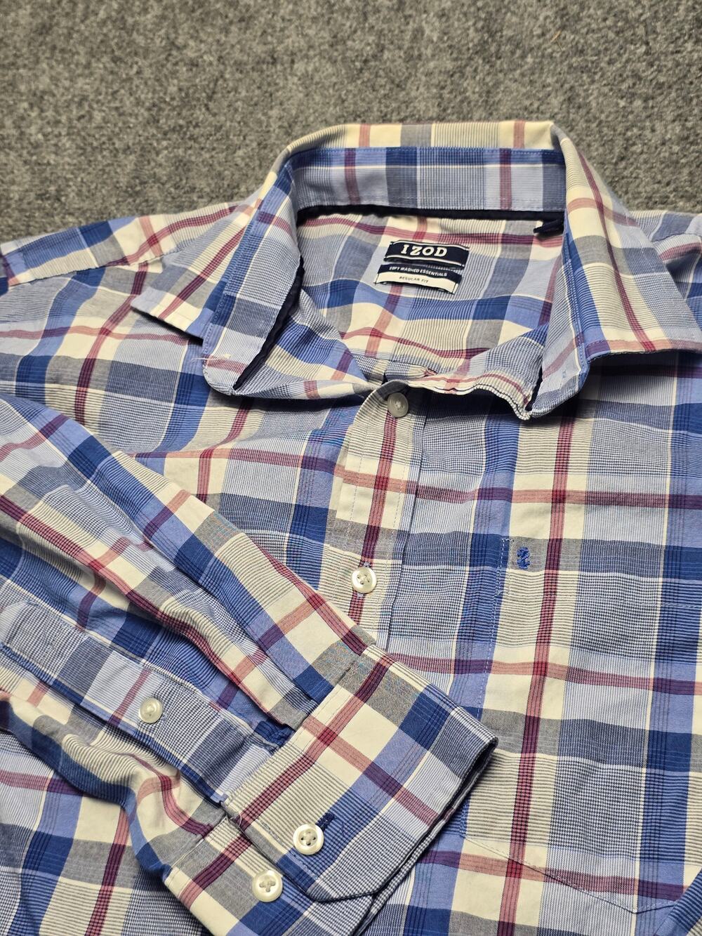 IZOD Soft Washed Essentials Shirt Mens M Blue Plaid Regular Fit Button Down